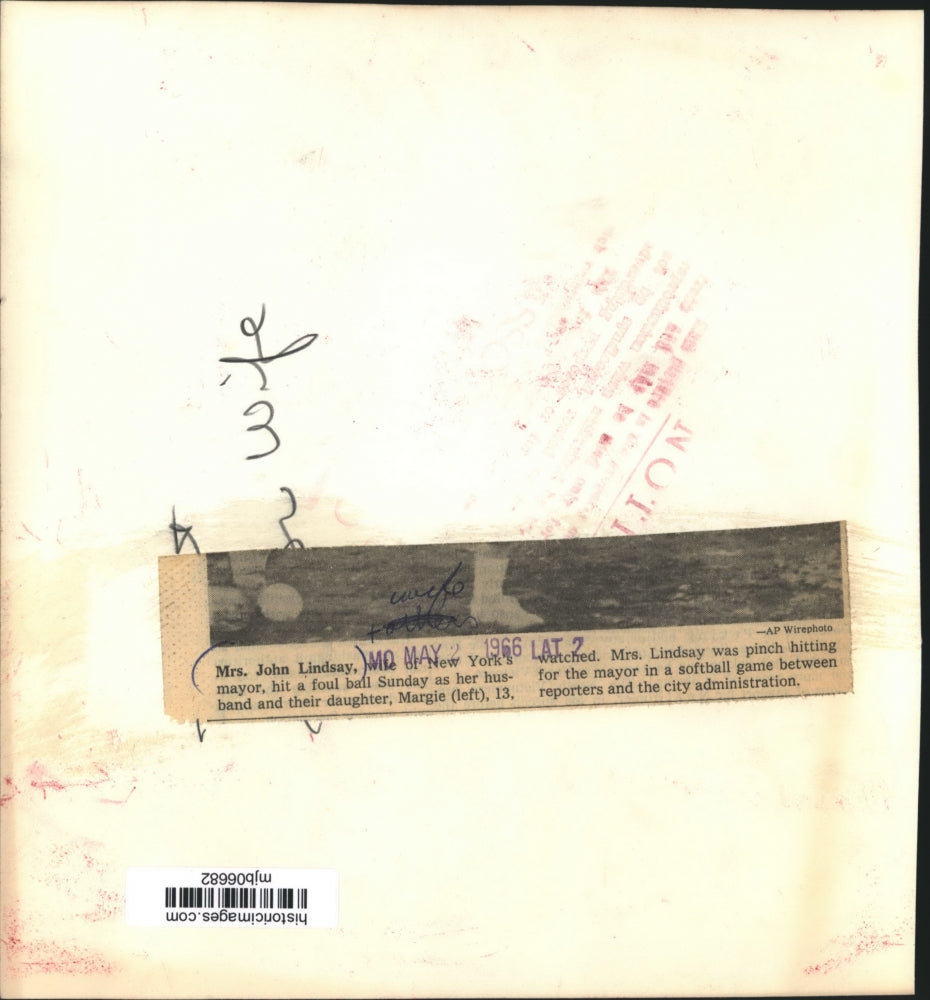 1966 Press Photo Mrs. Lindsay Hits Foul Ball During Administration Softball Game