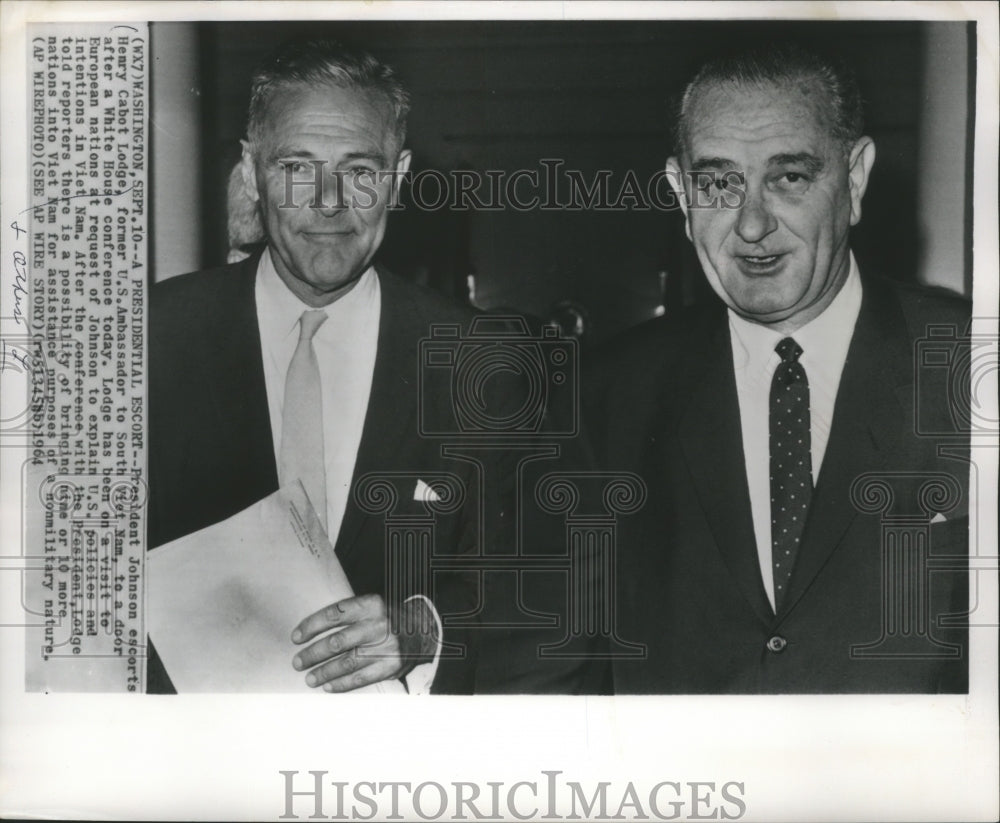 1964 Press Photo President Johnson With Ambassador Henry Cabot Lodge - mjb07984- Historic Images