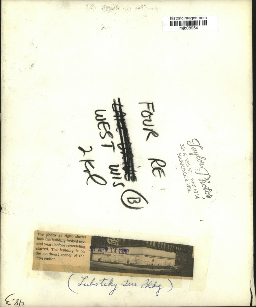 1968 Press Photo Lubotsky Tire building in Wisconsin before remodeling