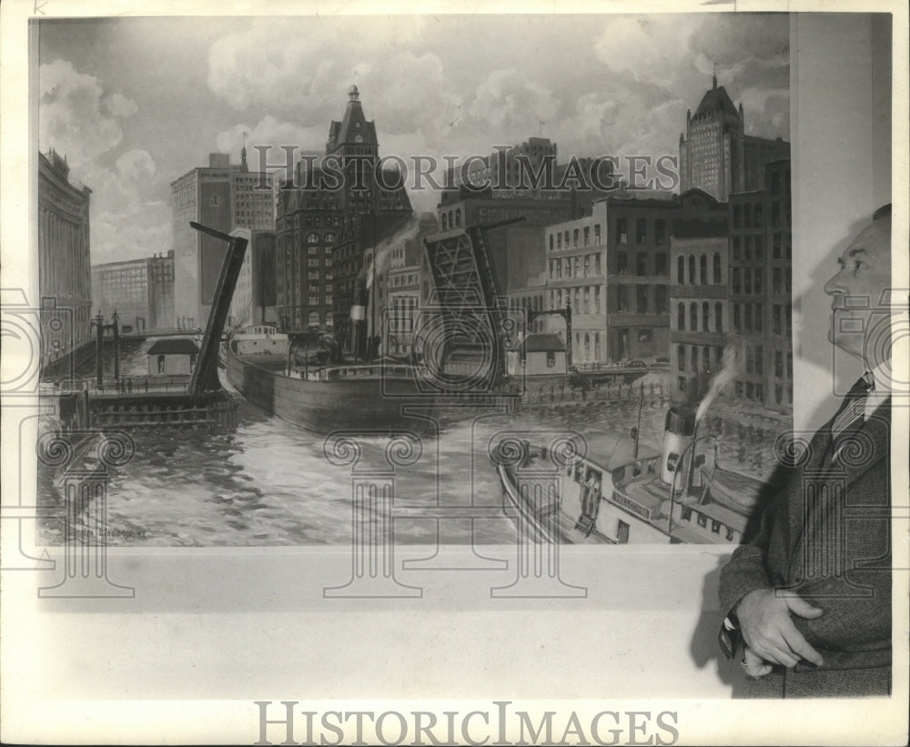 1942 Press Photo William Mass, Auditorium Manager, Painting of Milwaukee River- Historic Images