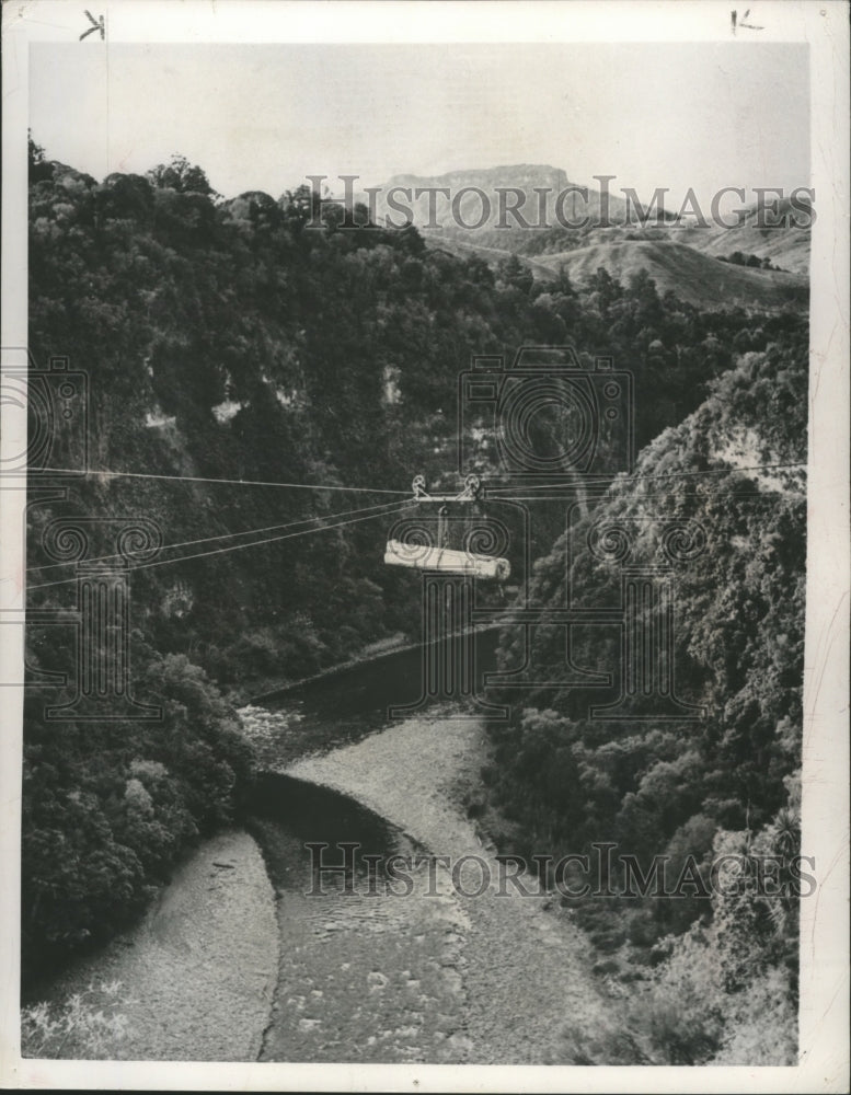 1950 Press Photo U.S. Lumbering - A giant log crossing a river on wires- Historic Images