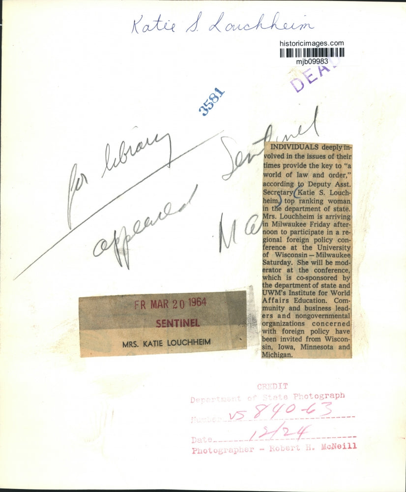 1964 Press Photo Mrs. Katie Louchheim, Deputy Assistant Secretary - mjb09983