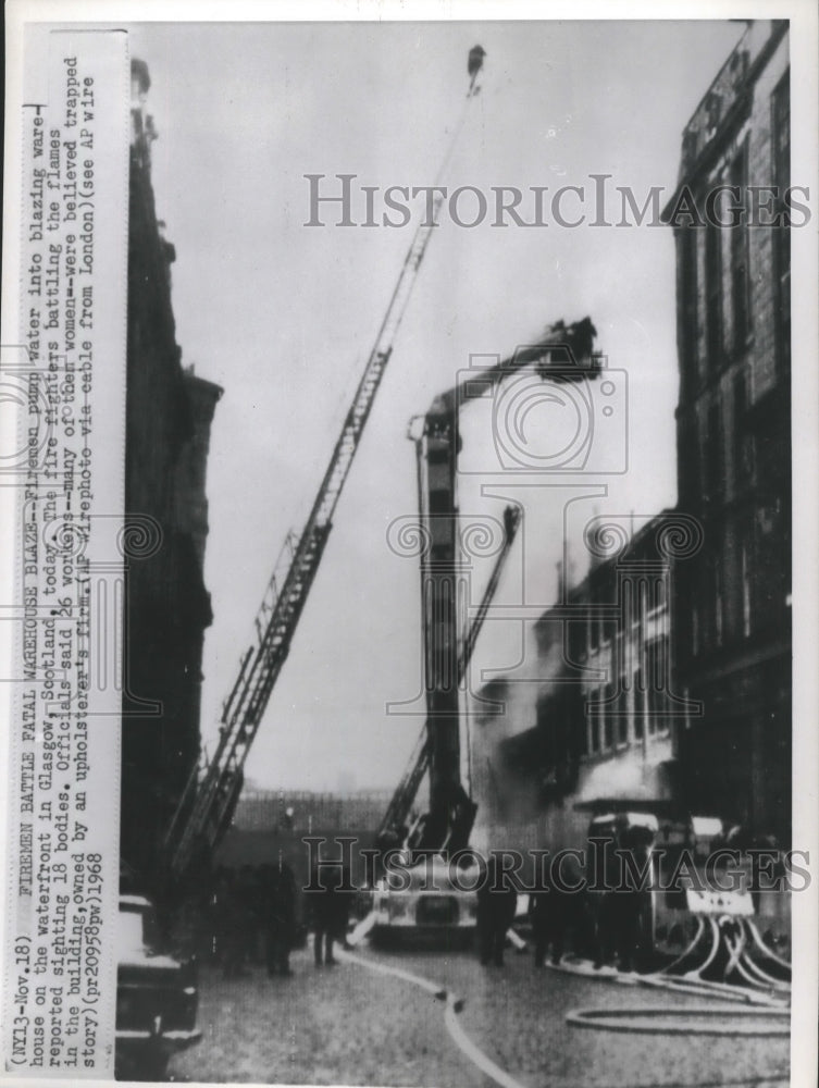 1968 Press Photo Firefighters at a fatal warehouse blaze in Glasgow, Scotland- Historic Images