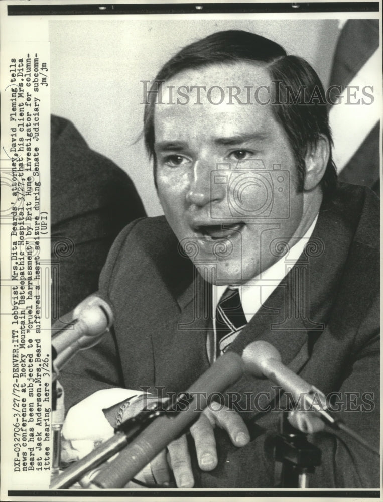 1972 Press Photo Dita Beards' attorney David Fleming at news conference- Historic Images