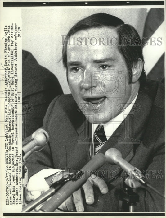 1972 Press Photo Dita Beards' attorney David Fleming at news conference- Historic Images