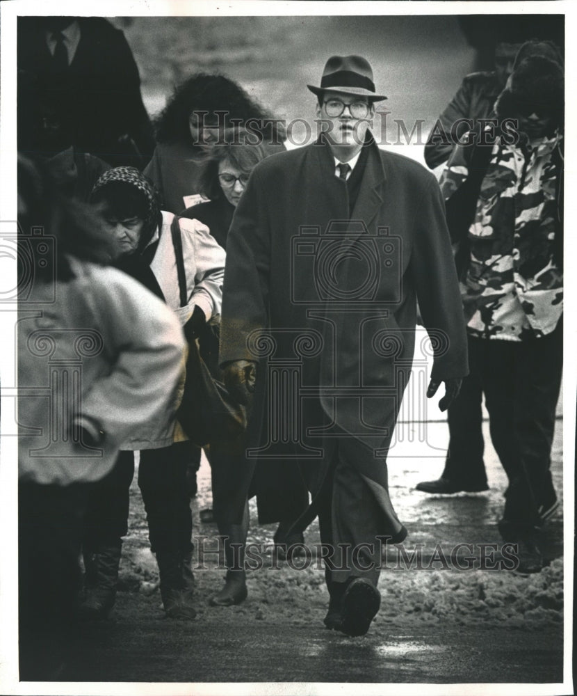 1991 Press Photo Patrick T. Wessels modeling wool coat- Historic Images