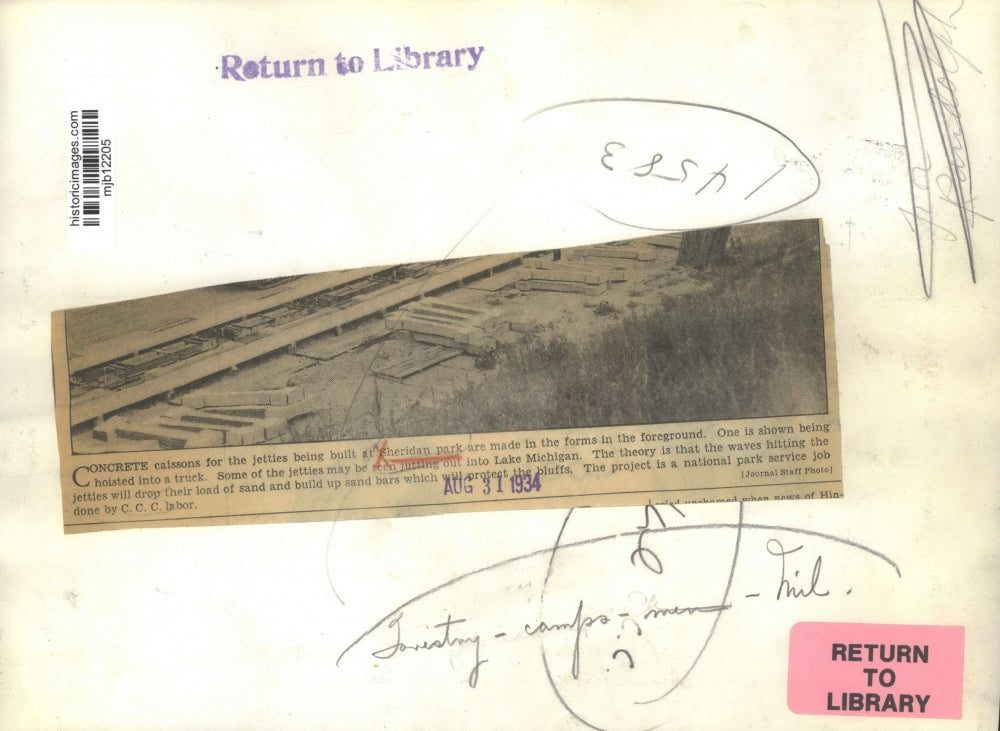 1934 Press Photo Concrete Jetties Being Built by CCC Workers at Sheridan Park