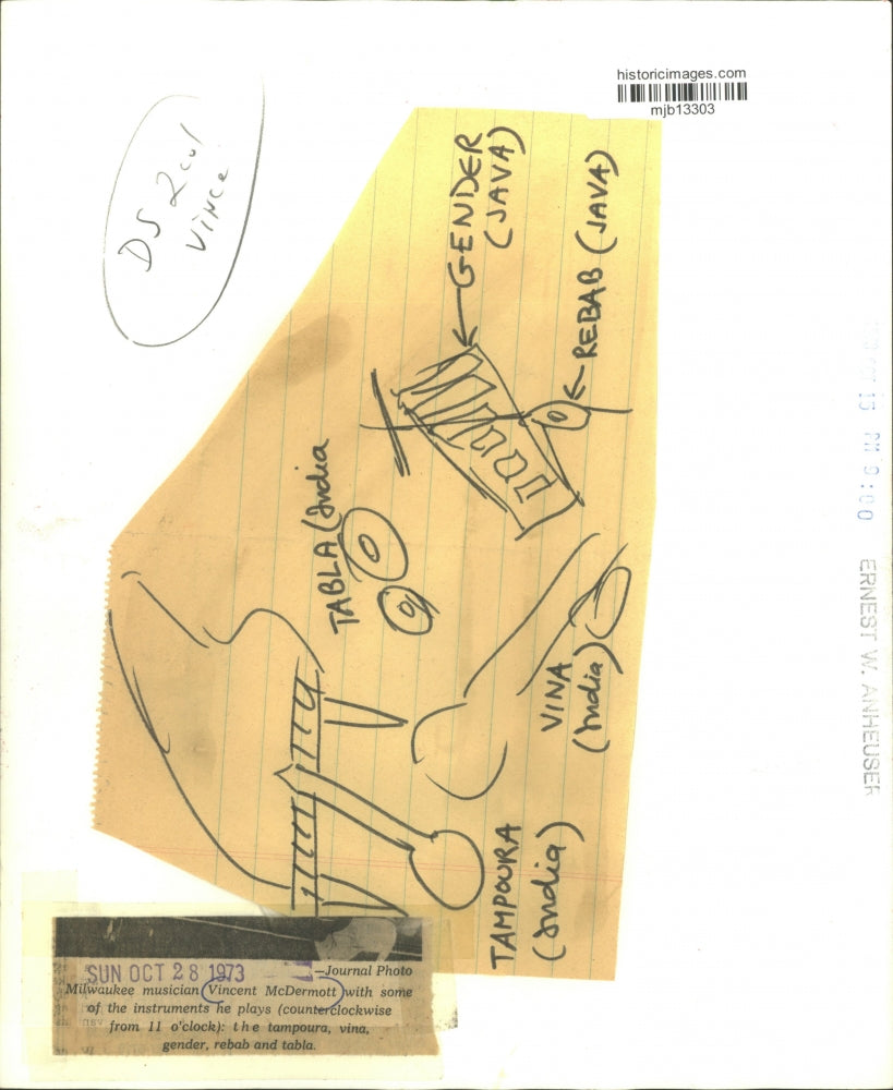 1973 Press Photo Vincent McDermott, Milwaukee Musician with his instruments