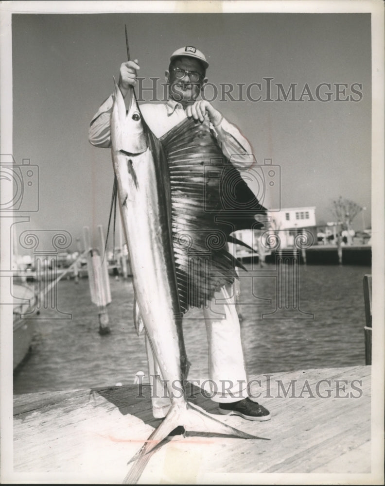 1956 Press Photo John Kanugh of West Allis with Sailfish in Miami, Florida- Historic Images