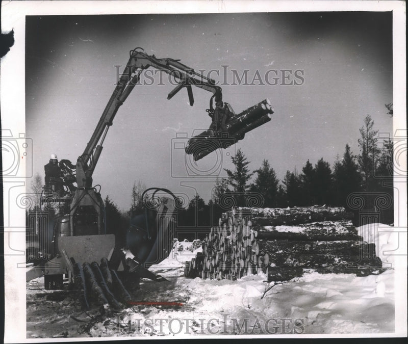 Load image into Gallery viewer, 1970 Press Photo Lumberjack Dennis Fink Using a Hoist and Slasher for Logging
