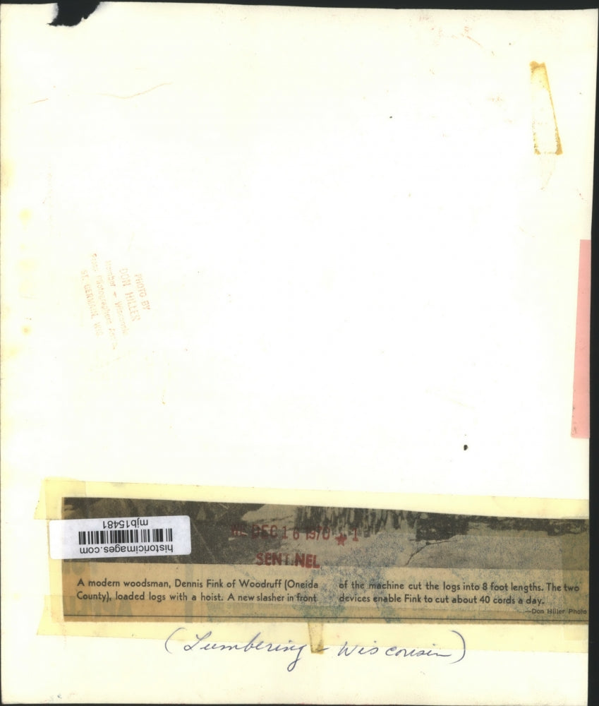 1970 Press Photo Lumberjack Dennis Fink Using a Hoist and Slasher for Logging