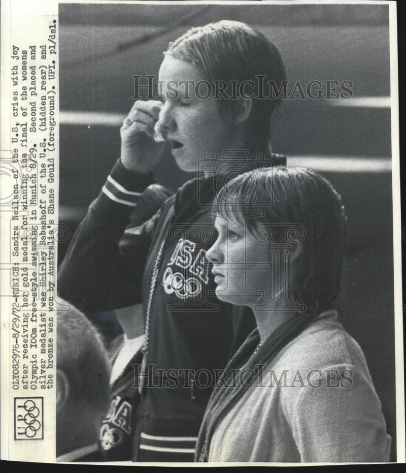 Load image into Gallery viewer, 1972 Press Photo Sandy Neilson cries,U.S. women's swimming team wins Munich Gold

