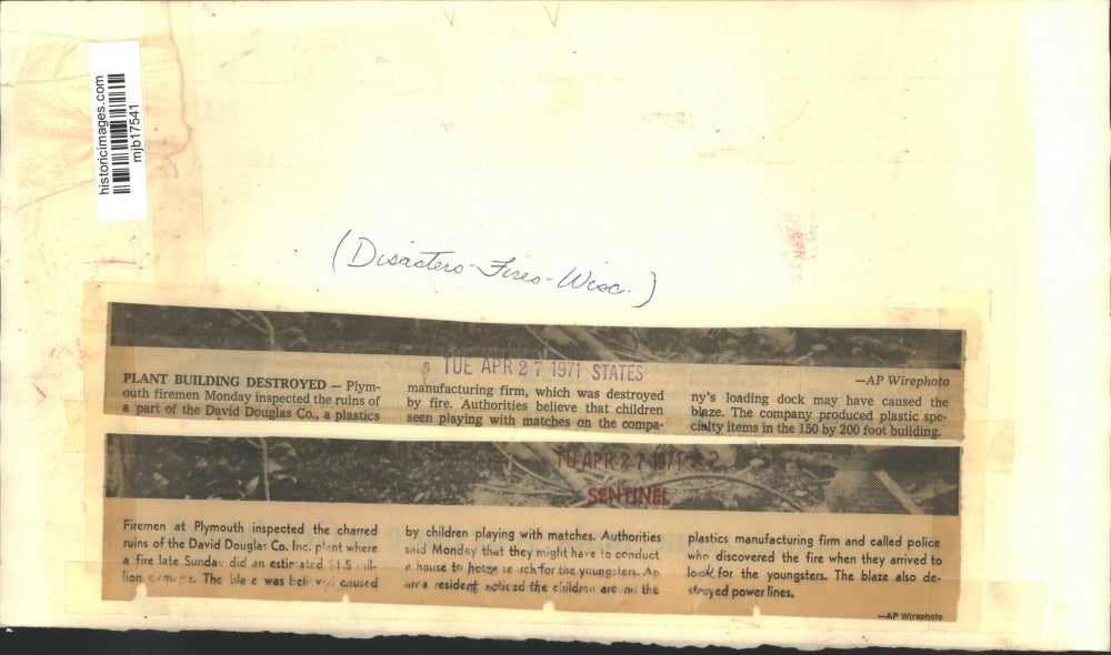 1971 Press Photo David Douglas Company Fire Remains in Plymouth, Wisconsin