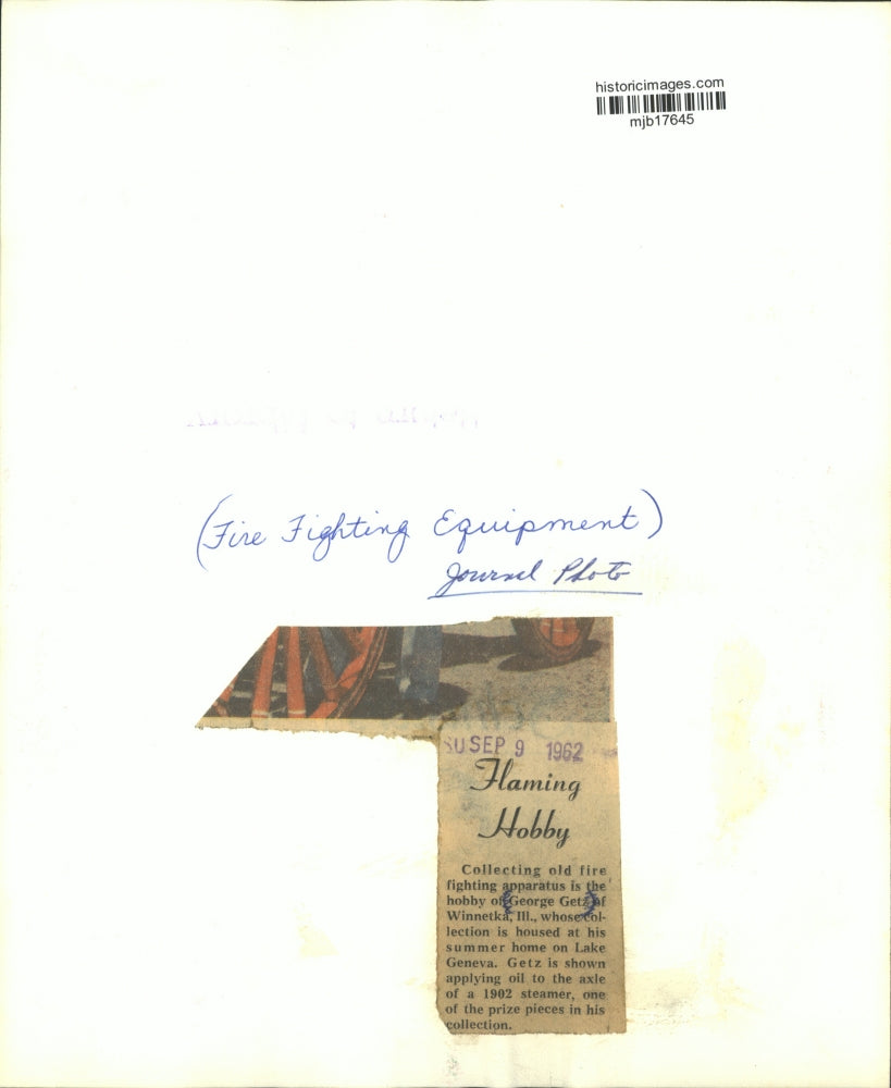 1962 Press Photo George Getz, collector of fire fighting equipment, Lake Geneva.