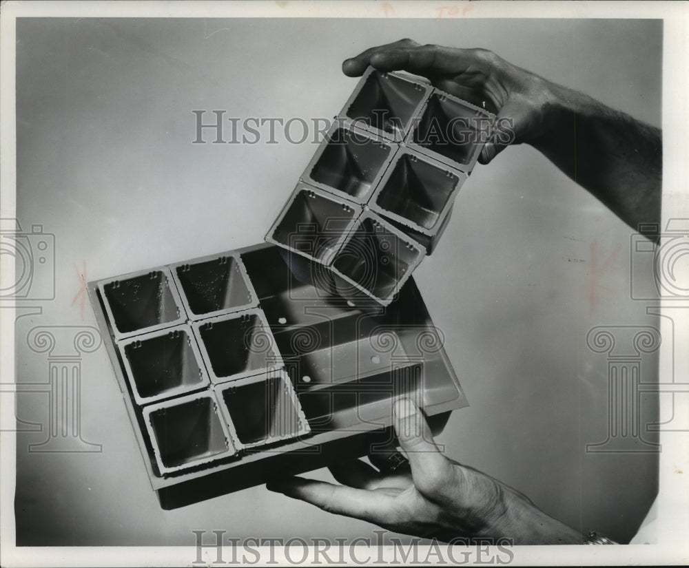 1959 Press Photo Small plastic pots, 12 to a sheet, will hold many transplants