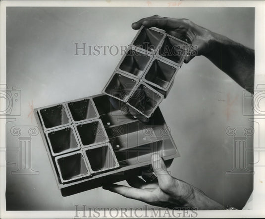 1959 Press Photo Small plastic pots, 12 to a sheet, will hold many transplants