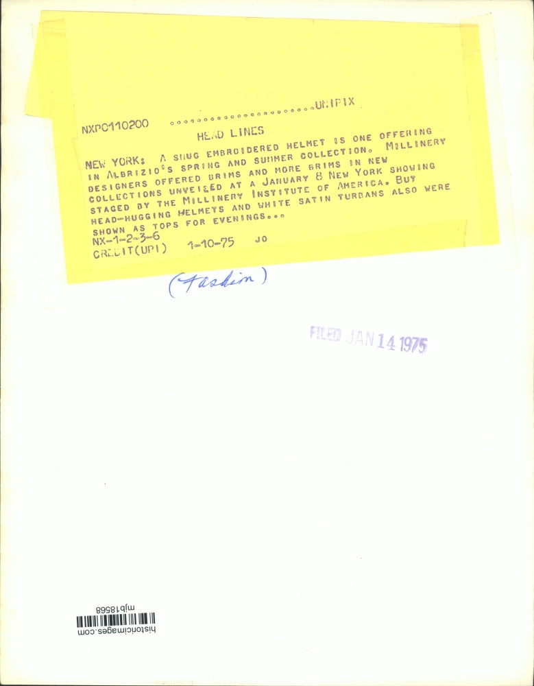 1975 Press Photo A snug, embroidered helmet from Albrizio's spring/summer wear