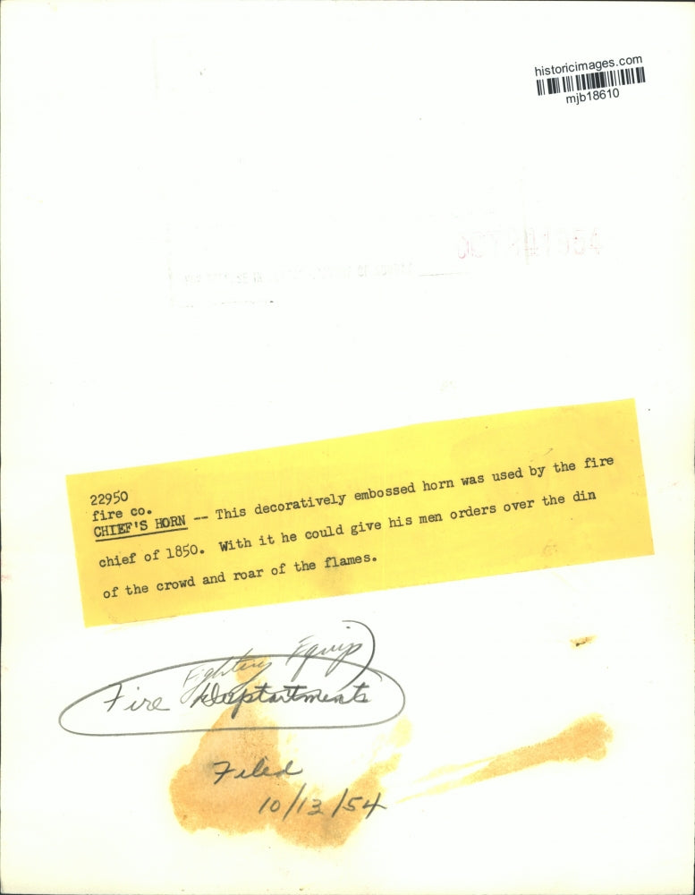 1954 Press Photo Embossed horn used by fire chief of 1850 to give men orders