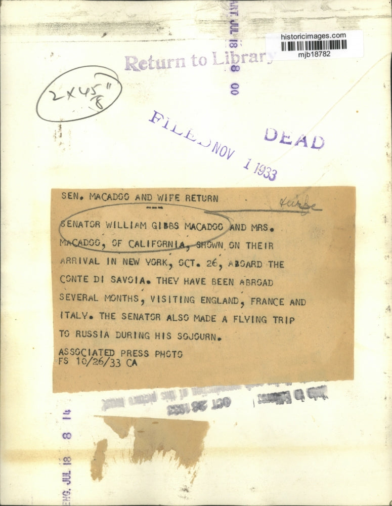 1933 Press Photo Senator William Gibbs McAdoo and Wife - mjb18782