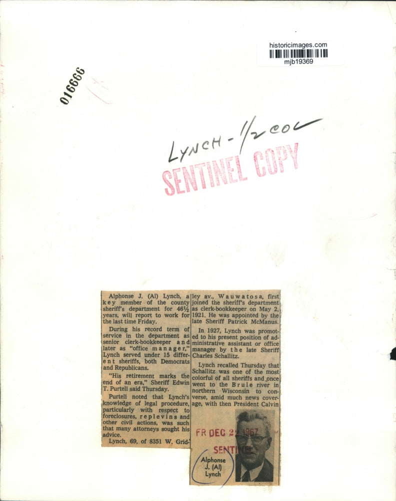 1967 Press Photo Alphonse J. (Al) Lynch, County Sheriff's Department, Milwaukee