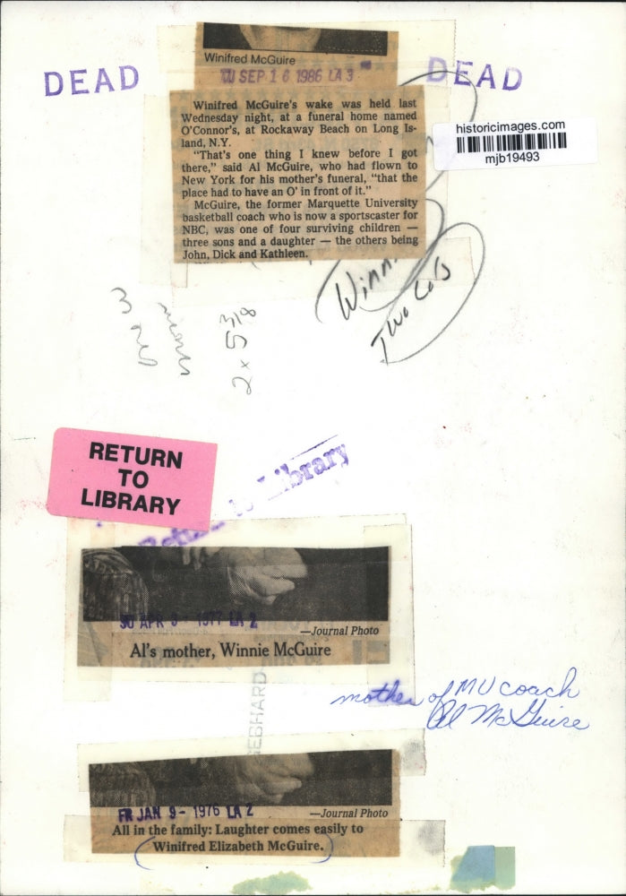 1976 Press Photo Winifred McGuire, mother of Al McGuire, Marquette coach