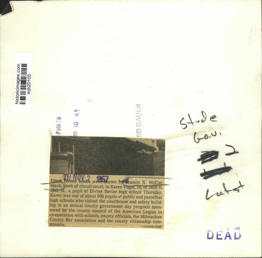 1957 Press Photo Clerk of Circuit Court Francis X. McCormack with Karen Vogel