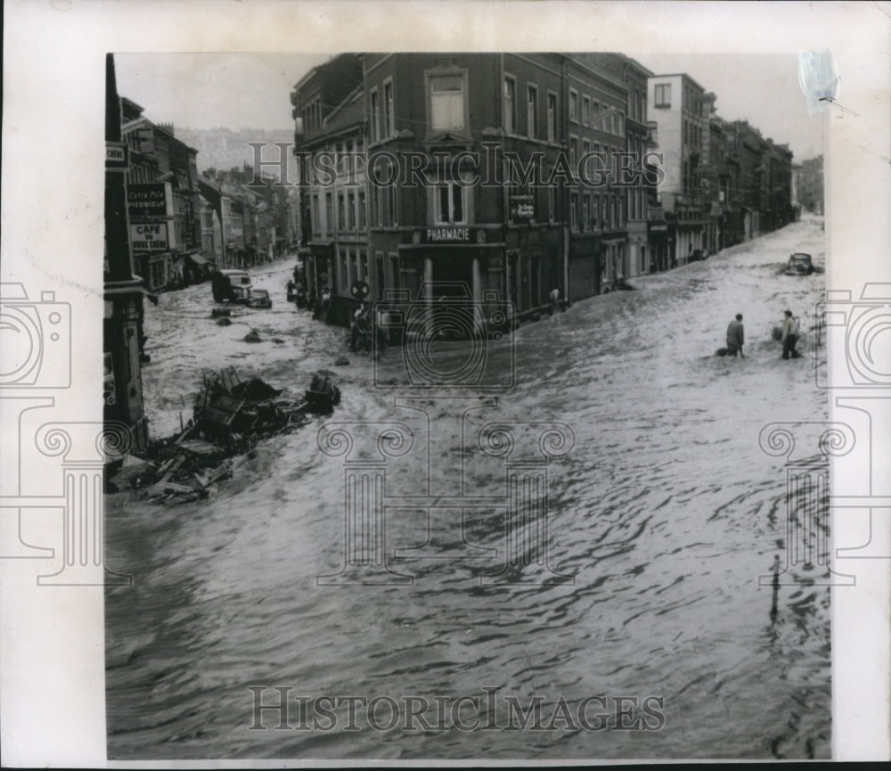 1956 Press Photo Floodwaters in Streets of Verviers, Belgium after Thunderstorm- Historic Images