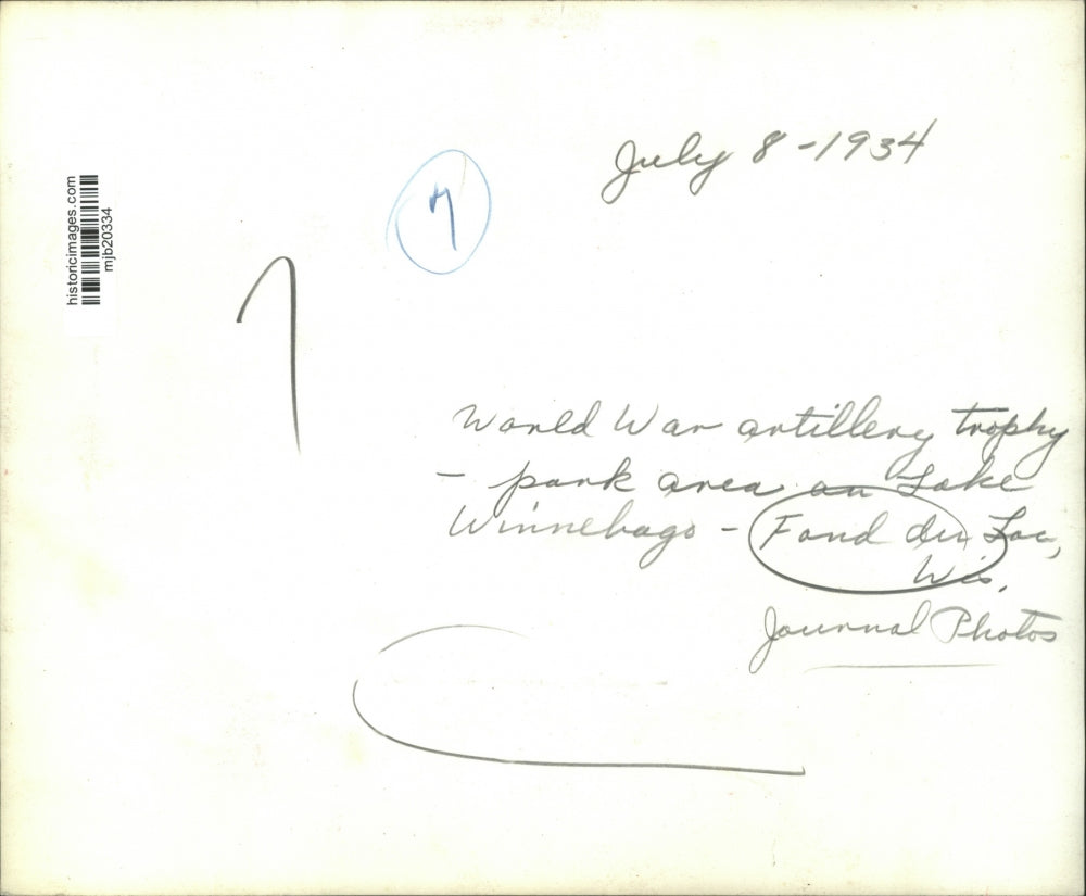 1934 Press Photo World War Artillery Trophy, Lake Winnebago, Wisconsin