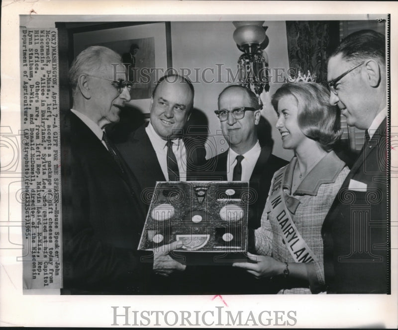 Load image into Gallery viewer, 1965 Press Photo House Speaker John McCormack Accepts a Gift from Sylvia Lee
