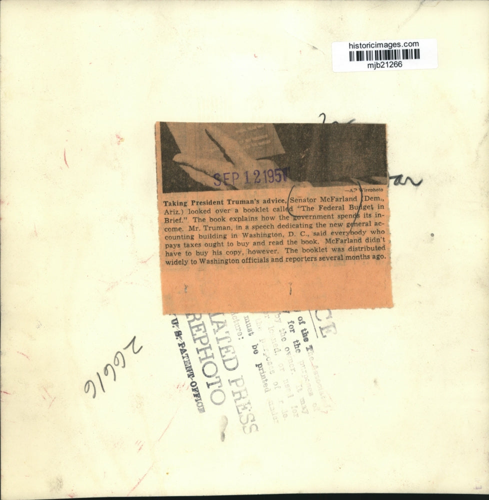 1951 Press Photo Arizona Democratic Senator McFarland Reads The Federal Budget