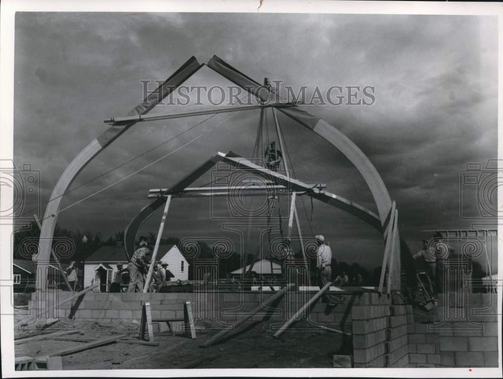 1953 Press Photo Volunteers Building Greendale Community Church, Wisconsin- Historic Images