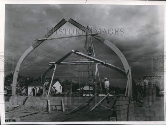 1953 Press Photo Volunteers Building Greendale Community Church, Wisconsin- Historic Images