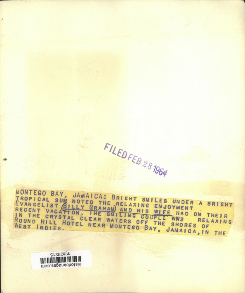 1964 Press Photo Billy Graham, Evangelist, and Wife, Montego Bay, Jamaica