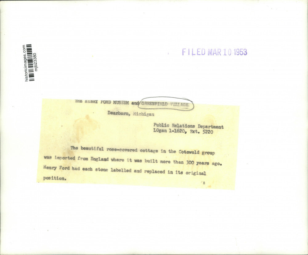 1953 Press Photo Cottage from England in Greenfield Village at Henry Ford Museum