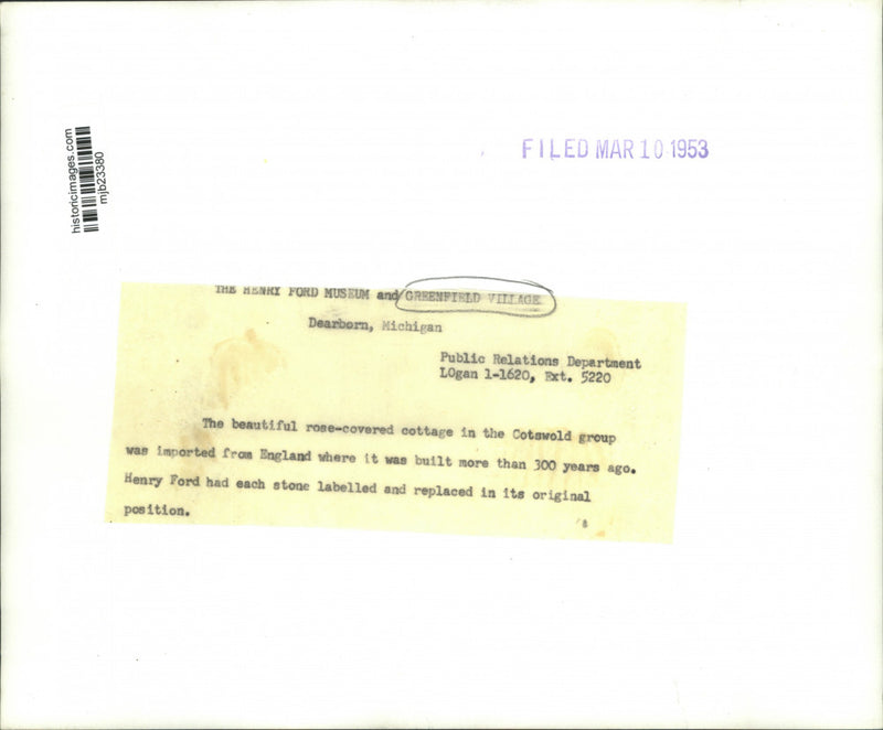 Load image into Gallery viewer, 1953 Press Photo Cottage from England in Greenfield Village at Henry Ford Museum
