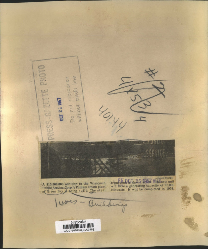 1957 Press Photo Construction of Pulliam Steam Plant, Green Bay, Wisconsin