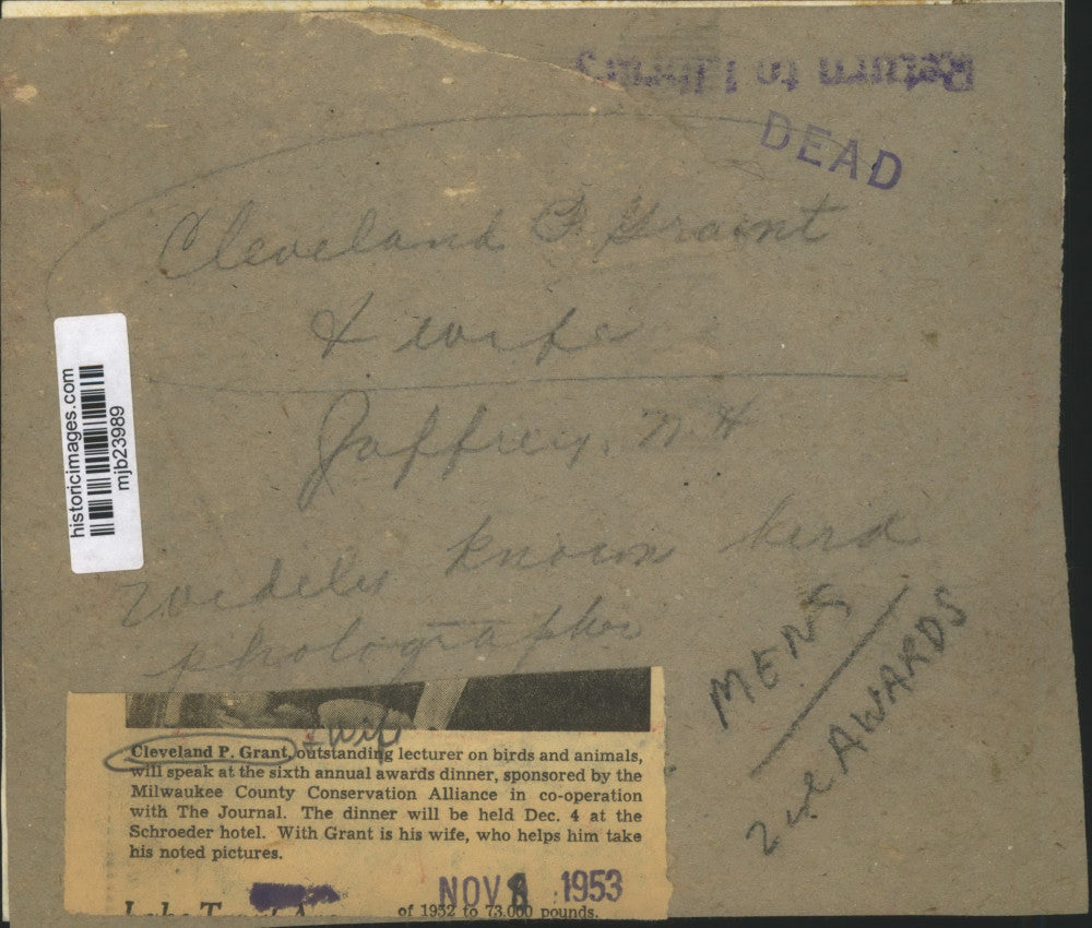 1953 Press Photo Cleveland Grant photographer, wife, Jefferson, New Hampshire.