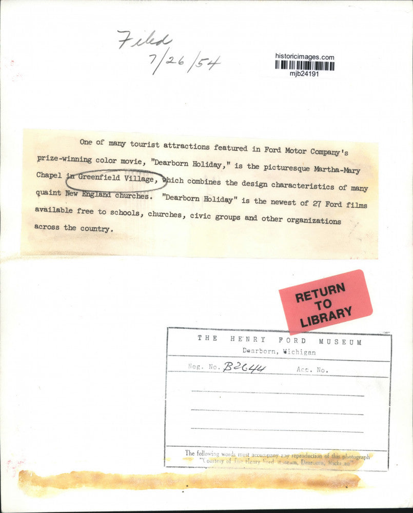 1954 Press Photo Martha-Mary Chapel in Greenfield Village, Wisconsin - mjb24191