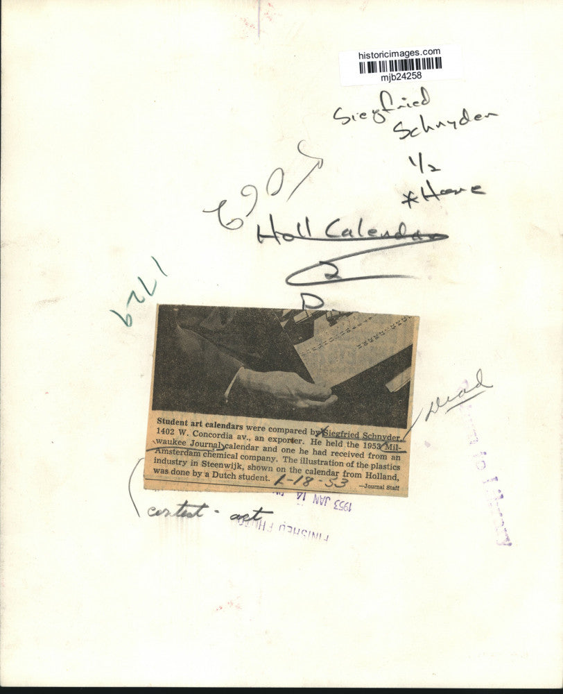 1953 Press Photo Siegfried Schnyder and Student Art Contest Submissions