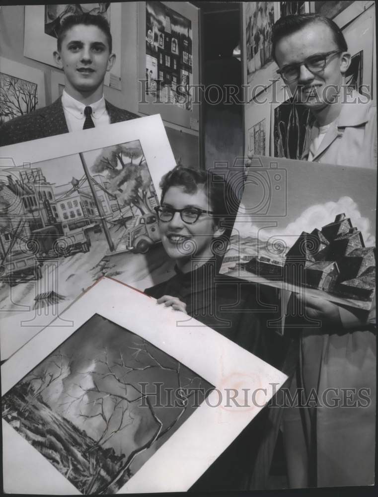 Load image into Gallery viewer, 1956 Press Photo James Sutter, Judith Boone, Byron Skowronski, Art Contest
