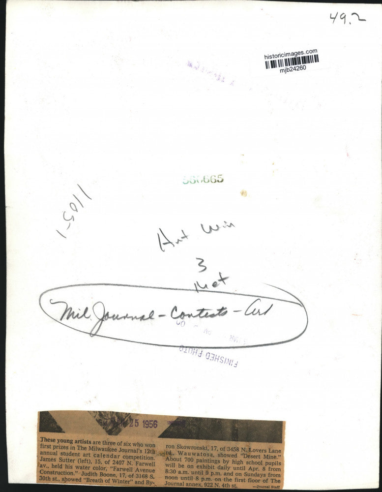 1956 Press Photo James Sutter, Judith Boone, Byron Skowronski, Art Contest