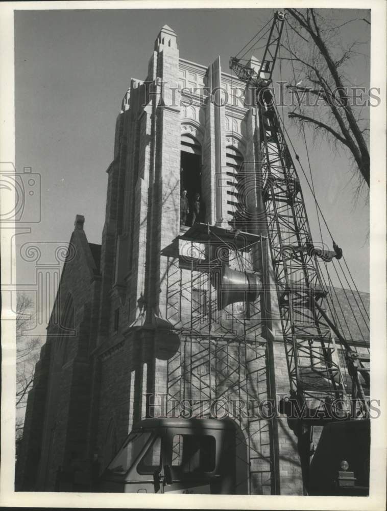1957 Press Photo Bell Hoisted into Belfry of Church, Green Bay, Wisconsin