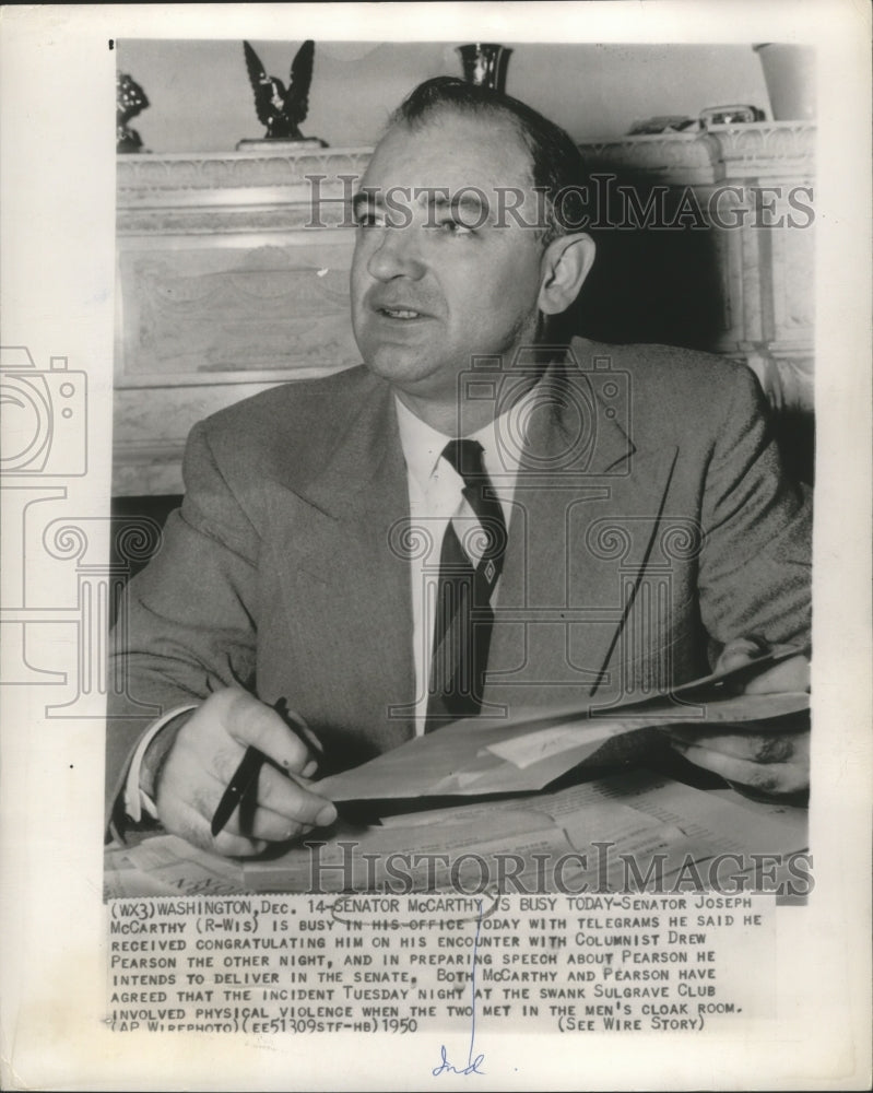 1950 Press Photo Senator McCarthy Received Congratulatory Telegrams- Historic Images