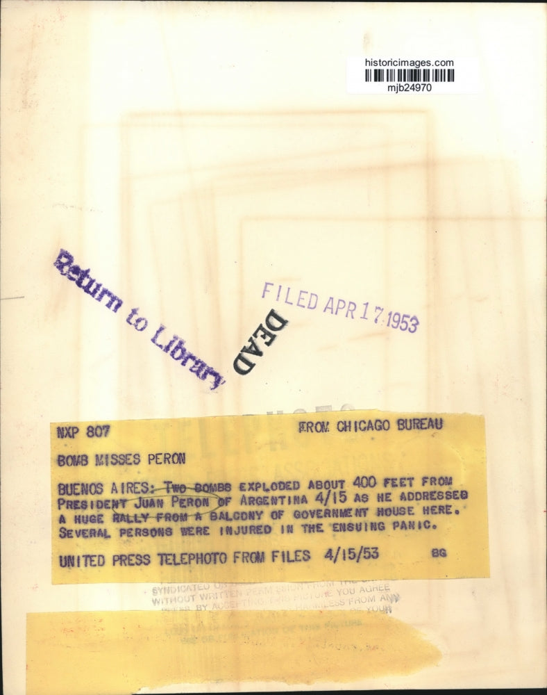 1953 Press Photo President Juan Peron of Argentina - mjb24970