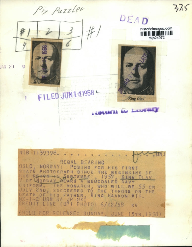 1958 Press Photo King Olav of Norway - mjb24972