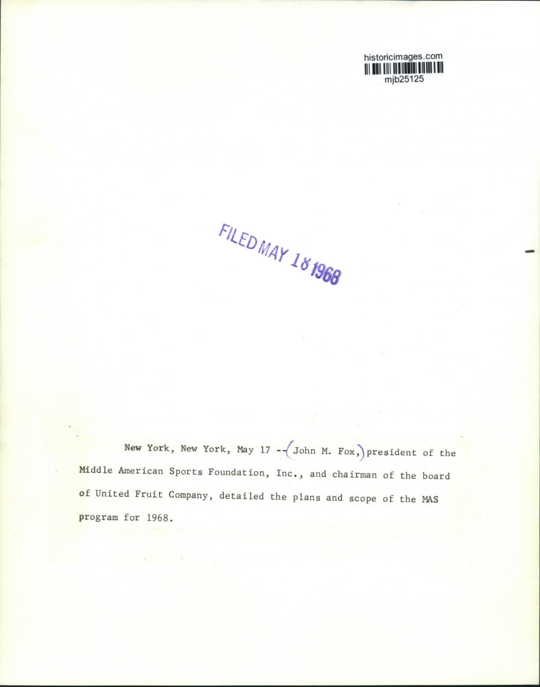 1968 Press Photo John M. Fox, president of Sports Foundation, New York, New York