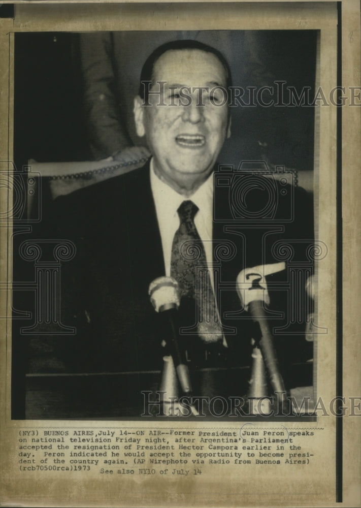 1973 Press Photo Former President Juan Peron, speaks on t.v., Buenos Aires.
