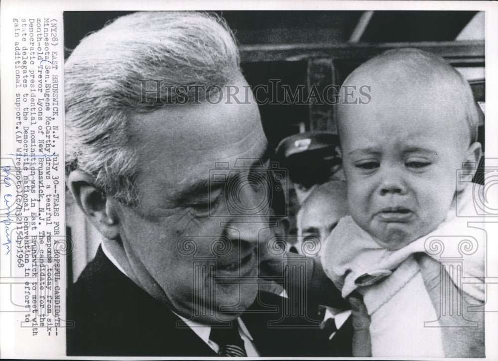 1968 Press Photo Eugene McCarthy holding baby during campaign stop in New Jersey