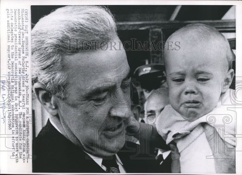 Load image into Gallery viewer, 1968 Press Photo Eugene McCarthy holding baby during campaign stop in New Jersey
