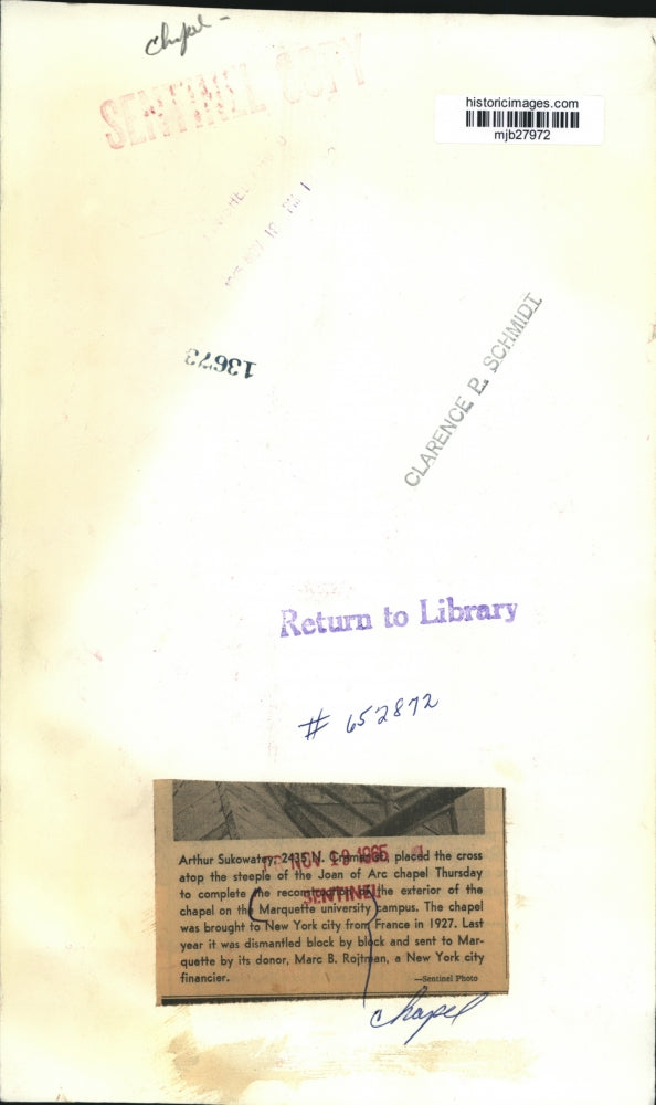 1965 Press Photo Arthur Sukowatey Places Cross on Joan of Arc Chapel, Milwaukee